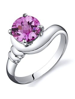 Created Pink Sapphire Modern Ring Sterling Silver Rhodium Nickel Finish Round 1.75 Carats Sizes 5 to 9