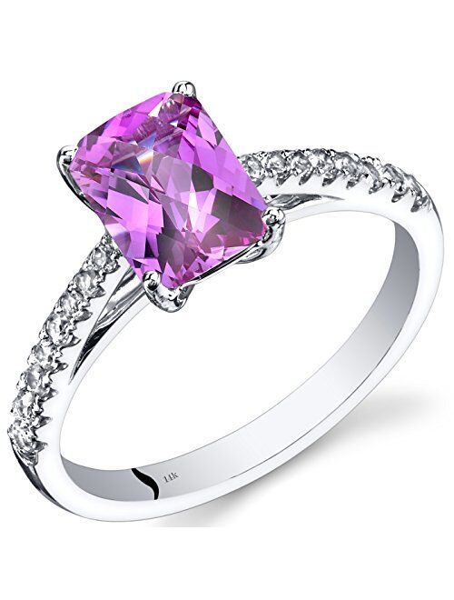 Peora Created Pink Sapphire with Genuine White Topaz Venetian Solitaire Ring for Women 14K White Gold, 2 Carats Radiant Cut 8x6mm, Sizes 5 to 9