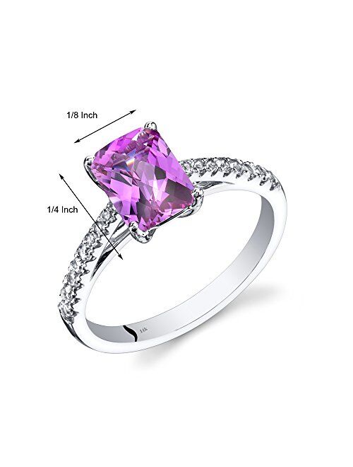 Peora Created Pink Sapphire with Genuine White Topaz Venetian Solitaire Ring for Women 14K White Gold, 2 Carats Radiant Cut 8x6mm, Sizes 5 to 9