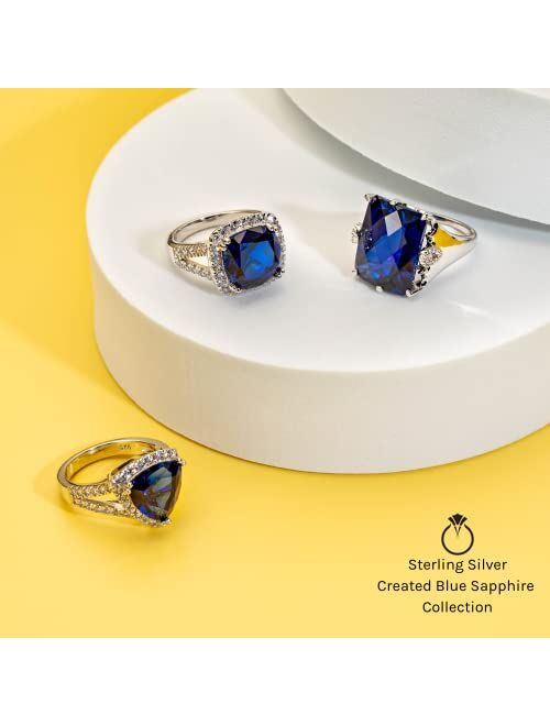 Peora Created Blue Sapphire Imperial Ring in 925 Sterling Silver, 16 Carats Radiant Cut, Sizes 5 to 9
