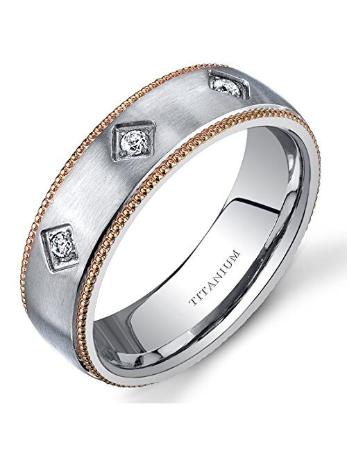 Peora Designer 3-Stone Titanium Wedding Ring Band for Women, 6mm Yellow Gold-Tone Milgrain Edge, Comfort Fit, Sizes 5 to 8