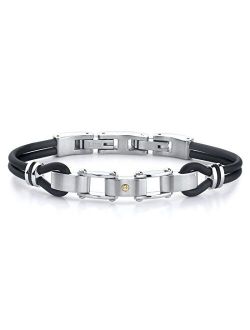 Polished Sophistication: Stainless Steel Panther Link Dual Rubber Cord Bracelet for Men