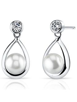 Freshwater Cultured White Pearl Teardrop Stud Earrings in Sterling Silver, 6.50mm Round Button Shape, Friction Backs