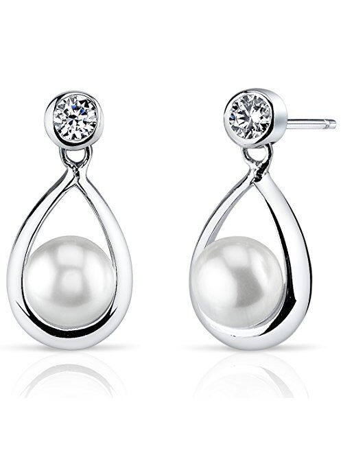 Peora Freshwater Cultured White Pearl Teardrop Stud Earrings in Sterling Silver, 6.50mm Round Button Shape, Friction Backs