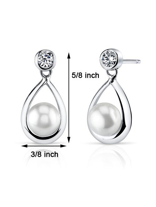 Peora Freshwater Cultured White Pearl Teardrop Stud Earrings in Sterling Silver, 6.50mm Round Button Shape, Friction Backs