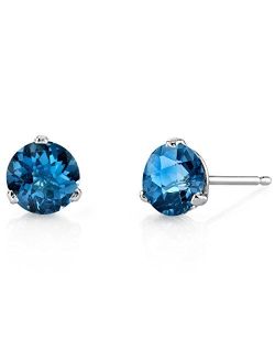 London Blue Topaz Martini Solitaire Stud Earrings for Women 14K White Gold, Hypoallergenic 2 Carats total, Round Shape 6mm, AAA Grade, December Birthstone, Friction