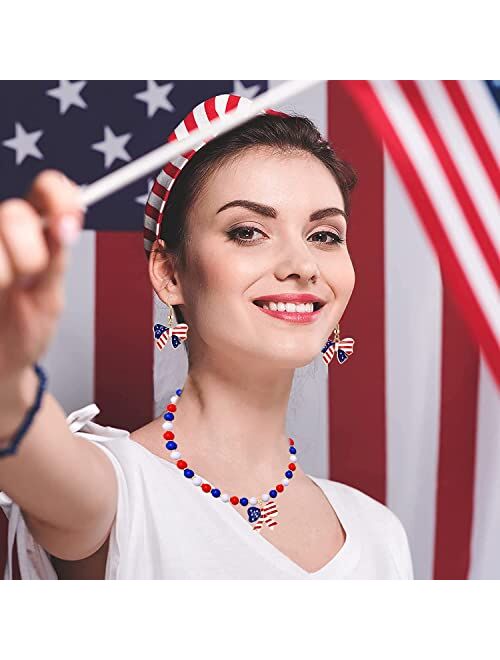 ZOLEAROPY American Flag Necklace Earrings Set Charm Rhinestone USA Flag Pendnat Neckalce Stars Stripes Stud Earrings For Woman Girls
