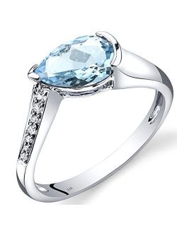 Aquamarine and Diamond Teardrop Ring for Women 14K White Gold, Natural Gemstone Birthstone, 1.29 Carats total, Pear Shape 9x6mm, Size 7