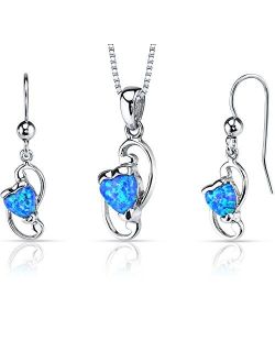Created Blue Opal Earrings and Pendant Necklace Jewelry Set in Sterling Silver, Angel Wing Design, Heart Shape, 2.00 Carats total with 18 inch Chain