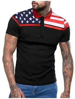 Men's American Flag Polo Shirt Floral Print Short Sleeve Polo T-Shirts