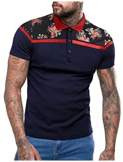 Men's American Flag Polo Shirt Floral Print Short Sleeve Polo T-Shirts