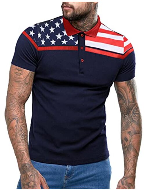 COOFANDY Men's American Flag Polo Shirt Floral Print Short Sleeve Polo T-Shirts