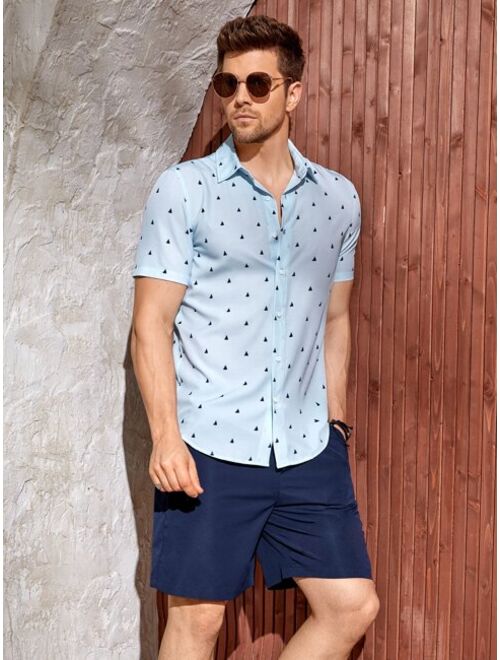SHEIN Men Sailboat Print Shirt Drawstring Waist Shorts