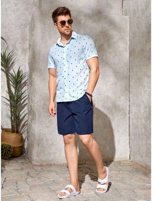 SHEIN Men Sailboat Print Shirt Drawstring Waist Shorts