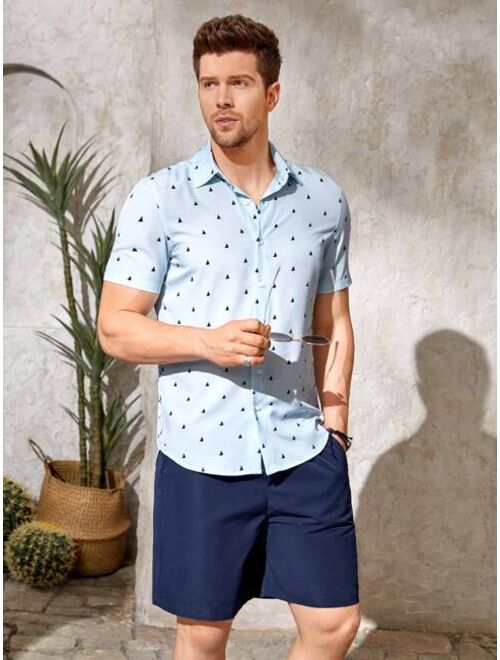 SHEIN Men Sailboat Print Shirt Drawstring Waist Shorts
