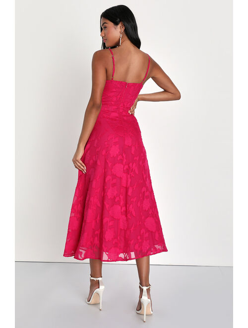 Lulus Dreamy Event Magenta Burnout Floral Faux Wrap Midi Dress