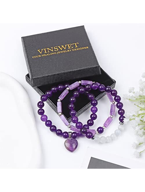 Vinswet Healing Crystal Beaded Bracelets for Women,Natural Amethyst Moonstone Gemstones Bracelet,Anxiety Stress Relief Heart Charm Bracelet Handmade purple Jewelry Gifts 
