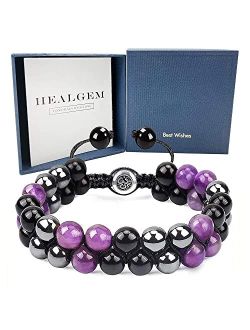 Healgem Triple Protection Bracelets for Men Women, Genuine Amethyst Black Obsidian Hematite 8mm Beads Bracelet, Handmade Natural Stone Bracelets for Protection Healing Ba