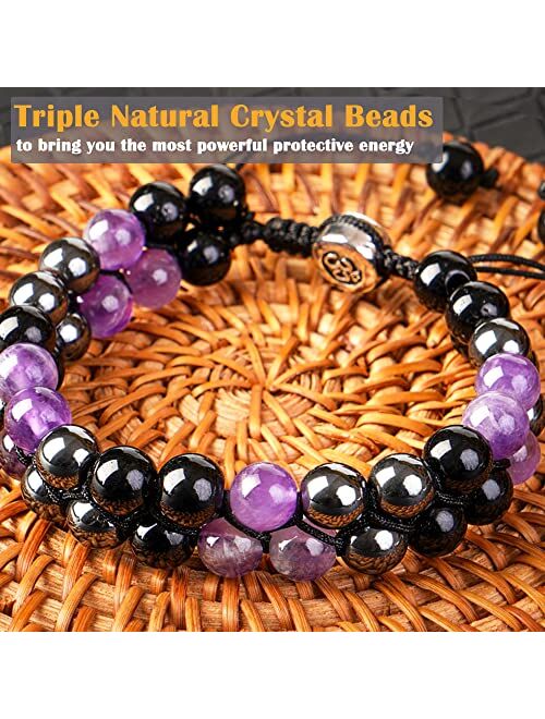 Healgem Triple Protection Bracelets for Men Women, Genuine Amethyst Black Obsidian Hematite 8mm Beads Bracelet, Handmade Natural Stone Bracelets for Protection Healing Ba