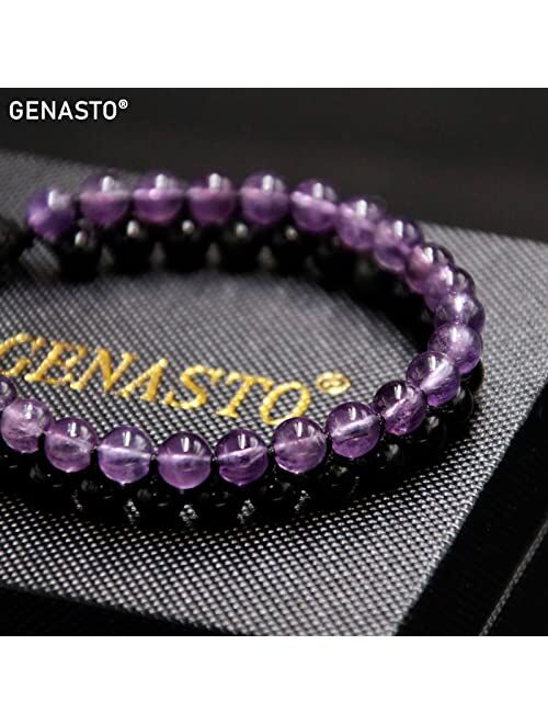 GENASTO Healing Crystals Tigers eye Black Obsidian Hematite 8mm Stone Beads Good Luck Triple Protection Bracelet for Men Women (Amethyst obsidian bracelet)