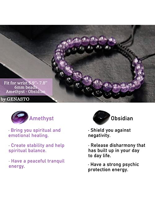 GENASTO Healing Crystals Tigers eye Black Obsidian Hematite 8mm Stone Beads Good Luck Triple Protection Bracelet for Men Women (Amethyst obsidian bracelet)