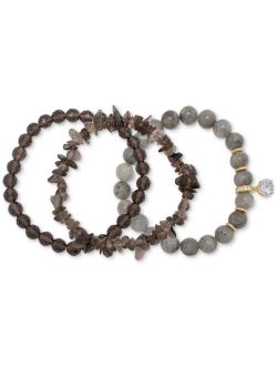 MACY'S 3-Pc. Set Labradorite, Smoky Quartz, & Cubic Zirconia Stretch Bracelets in 14k Gold-Plated Sterling Silver