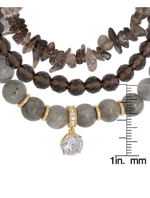 MACY'S 3-Pc. Set Labradorite, Smoky Quartz, & Cubic Zirconia Stretch Bracelets in 14k Gold-Plated Sterling Silver