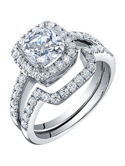 Moissanite Cushion Cut Halo Engagement Ring and Wedding Band Bridal Set in Sterling Silver, 2 Carat Center, DE Color, VVS Clarity, Sizes 4 to 10