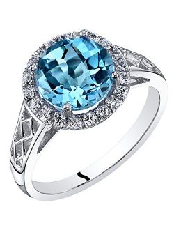 Swiss Blue Topaz Galleria Ring for Women 14K White Gold, Genuine Gemstone Birthstone, 2.50 Carats Round Shape 8mm, Comfort Fit, Sizes 5 to 9