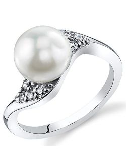 Freshwater Cultured White Pearl Wave Ring in Sterling Silver, 8.5mm Round Button Shape, Comfort Fit, Sizes 5 to 9