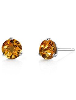 Solid 14K White Gold 1.50 Carats Citrine Earrings for Women, Hypoallegenic Martini Studs, Round Shape 6mm, AAA Grade, January Birthstone, Friction Back