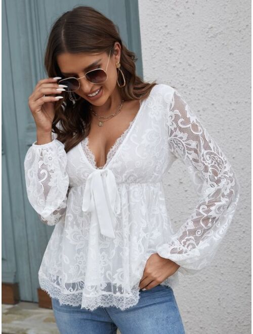 SHEIN Frenchy Knot Front Lantern Sleeve Peplum Lace Blouse