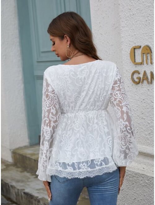 SHEIN Frenchy Knot Front Lantern Sleeve Peplum Lace Blouse