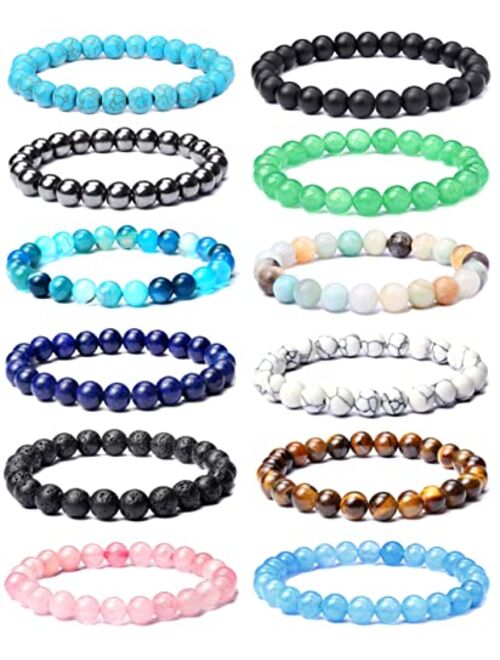Leocuci 12PCS 8mm Semi-precious Beaded Bracelets for Men Women Healing Stretch Round Bead Crystal Gemstones Bracelets