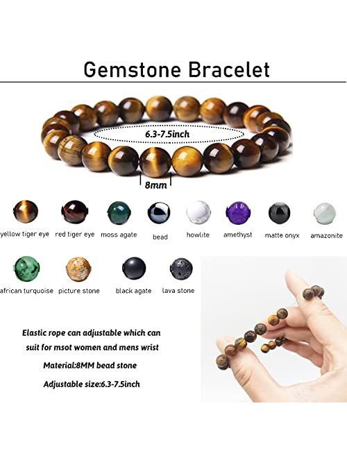 SONNYX 12Pcs 8MM Healing Stone Beaded Bracelets for Women Men Semi-Precious Gemstones Bracelets Crystal Beaded Bracelet Unisex Adjustable Stretch Bracelets