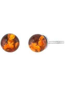 Genuine Baltic Amber Ball Stud Earrings 925 Sterling Silver, 5-7mm Solitaire, Rich Cognac Color, Friction Backs