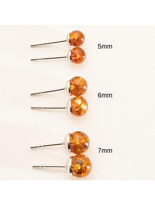 Peora Genuine Baltic Amber Ball Stud Earrings 925 Sterling Silver, 5-7mm Solitaire, Rich Cognac Color, Friction Backs