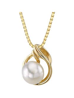 Freshwater Cultured White Pearl Slider Pendant in 14K Yellow Gold, Round Button Shape, 7mm, Solitaire Design