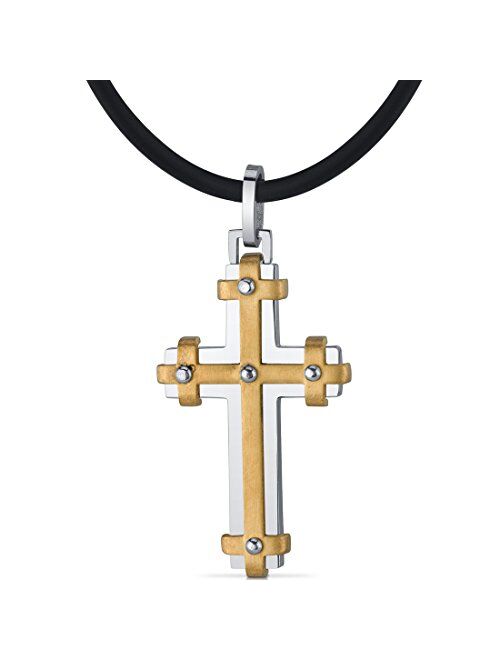 Peora Cross Pendant for Men and Women, Custom Two-Tone Stainless Steel and Brass Modern Design with 18+2 inch Black Cord