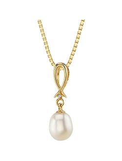 Freshwater Cultured White Pearl Drop Pendant in 14K Yellow Gold, Baroque Oval Shape, 8x6mm Open Infinity Dangling Solitaire