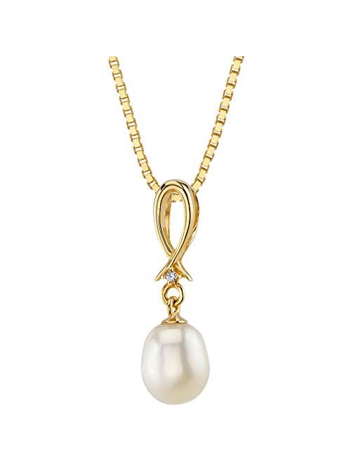 Peora Freshwater Cultured White Pearl Drop Pendant in 14K Yellow Gold, Baroque Oval Shape, 8x6mm Open Infinity Dangling Solitaire