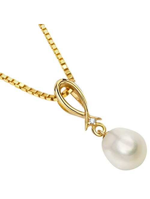 Peora Freshwater Cultured White Pearl Drop Pendant in 14K Yellow Gold, Baroque Oval Shape, 8x6mm Open Infinity Dangling Solitaire