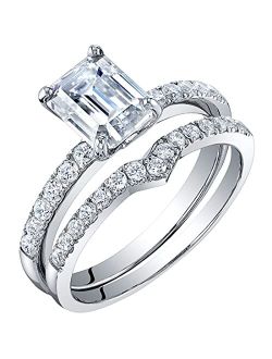 Moissanite Emerald Cut Engagement Ring and Wedding Band Bridal Set in Sterling Silver, 2 Carat Center, DE Color, VVS Clarity, Sizes 4 to 10