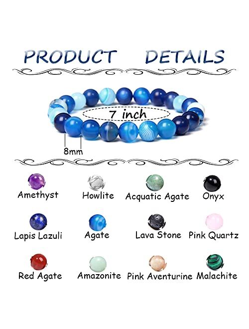 WAINIS 12PCS 8mm Semi-precious Beaded Bracelets for Men Women Healing Stretch Round Bead Crystal Gemstones Bracelets Unisex