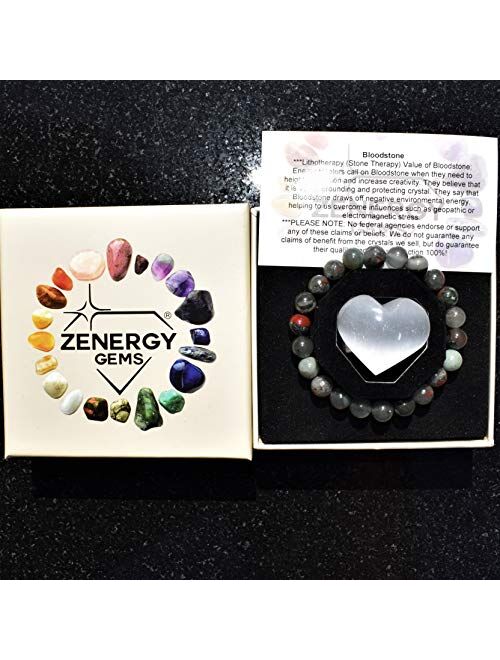 Zenergy Gems Charged Natural Gemstone Crystal 8mm Bead Bracelet + Selenite Charging Heart [Included]