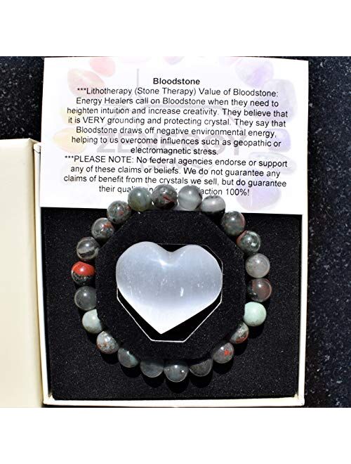 Zenergy Gems Charged Natural Gemstone Crystal 8mm Bead Bracelet + Selenite Charging Heart [Included]