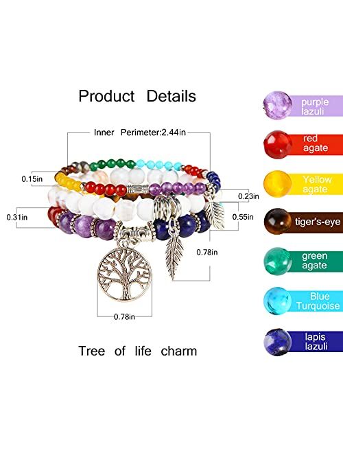 Jardme Tree of Life Turquoise Jasper & Tibetan Agate Gemstone Chakra Beaded Bracelet | Beach Charm Bracelet Set - Ocean Jewelry