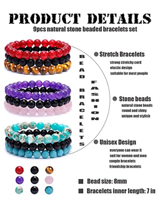 BOMAIL 9Pcs 8mm Natural Stone Beaded Bracelet Set for Men Women Semi-Precious Gemstone Beads Bracelets Matte Lava Rock Volcanic Tiger Eye Stone Yoga Healing Energy Crysta