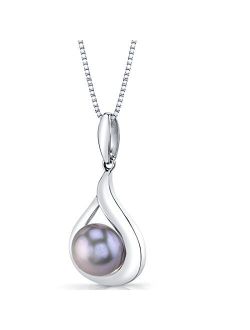 Freshwater Cultured Grey Pearl Pendant Necklace for Women 925 Sterling Silver, Open Raindrop Design, 10mm Round Button Shape, with 18 inch Chain