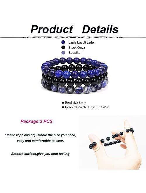 SONNYX 3Pcs 8mm Semi-Precious Gemstones Beaded Bracelets for Women Men Healing Crystal Stone Bracelet Stretch Round Beaded Elastic Bracelets Unisex Jewelry Gifts